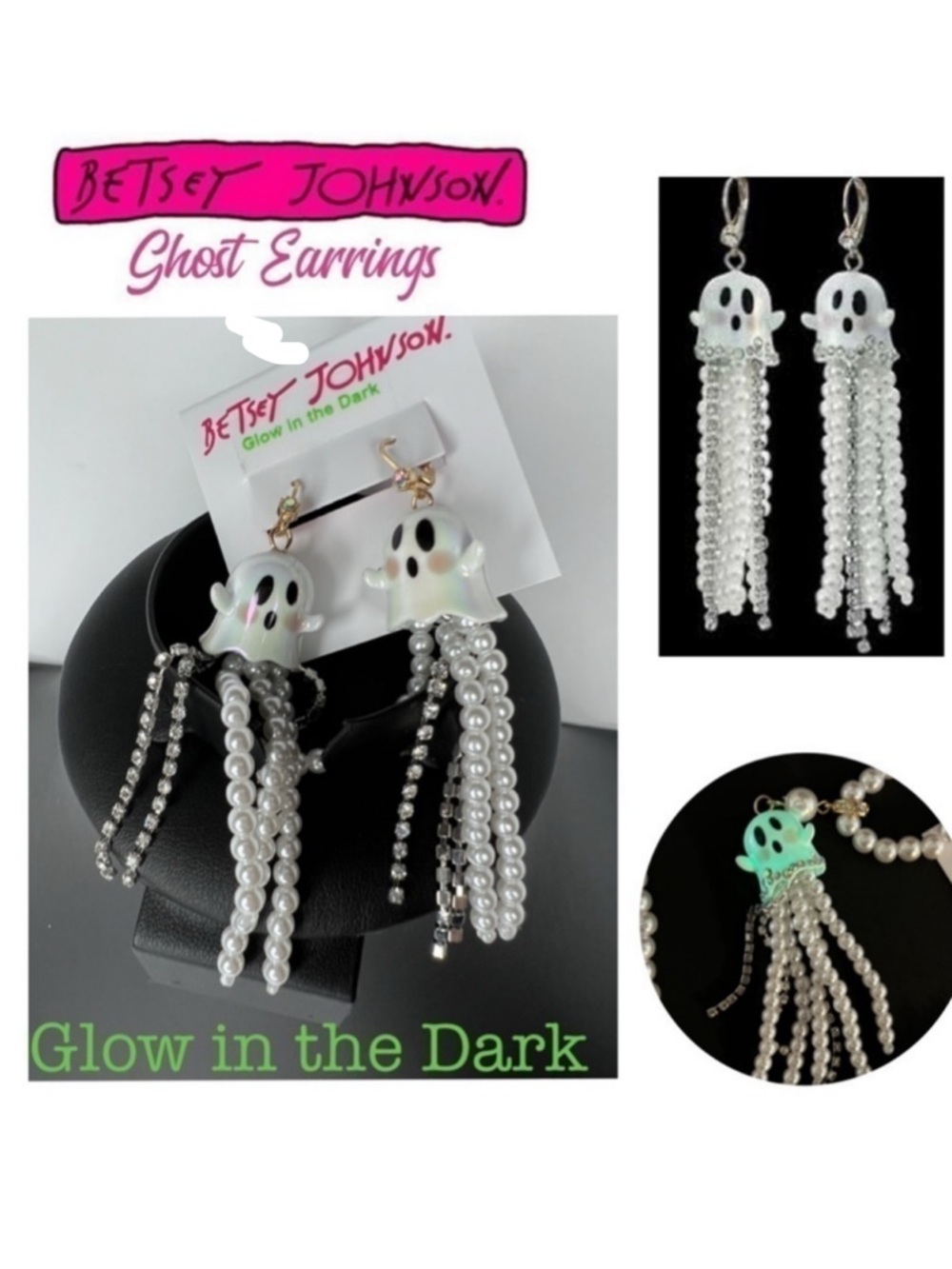 Betsey Johnson Ghost Pearl & Diamond Earrings Glow in the Dark Halloween Jewelry